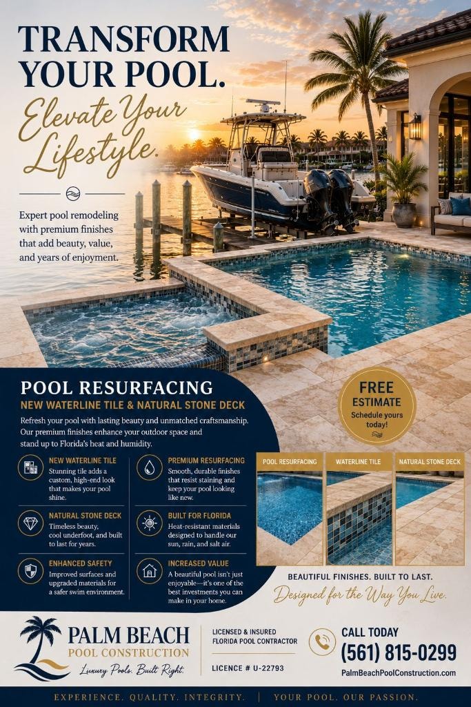 Pool resurfacing flyer – PebbleTec and Florida Stucco finishes, waterline tile replacement and natural stone deck renovation in Deerfield Beach FL
